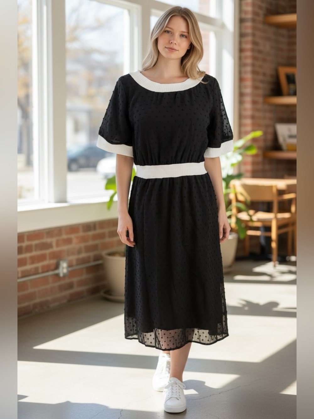 🫶🏻 Piper & Scoot Black Midi Dress with White Trim - Elegant Contrast Design
